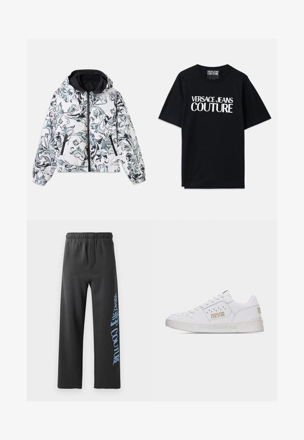 Kapuzenshirt in Weiß mit schwarzem und grauem floralem Barockmuster, Frontreißverschluss, seitliche Reißverschlusstaschen und elastischen Bündchen sowie Saum.; Schwarzes Baumwoll-T-Shirt mit kurzen Ärmeln, das auf der Vorderseite den großen weißen Text "VERSACE JEANS COUTURE" trägt. Klassisches Rundhalsdesign.; Schwarze Sweatpants aus weichem Material, mit lockerer Passform und elastischem Bund. Auffälliger blauer Aufdruck entlang der Seite.; Weißer Sneaker mit niedrigem Schaft, perforierten Details, Schnürverschluss und goldenen "Versace Jeans Couture"-Logos an der Seite und Ferse.