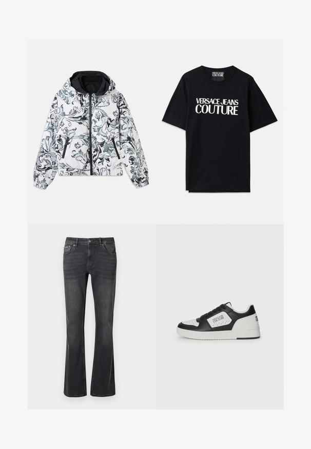 Kapuzenshirt in Weiß mit schwarzem und grauem floralem Barockmuster, Frontreißverschluss, seitliche Reißverschlusstaschen und elastischen Bündchen sowie Saum.; Schwarzes Baumwoll-T-Shirt mit kurzen Ärmeln, das auf der Vorderseite den großen weißen Text "VERSACE JEANS COUTURE" trägt. Klassisches Rundhalsdesign.; Schwarze Jeans aus Denim mit ausgestelltem Design, fünf Taschen und einem Metallknopfverschluss. Der Stoff hat eine glatte Textur mit dezentem Verblassen.; Schwarzer und weißer Sneaker mit einem glatten Lederobermaterial, durchlöcherter Zehenbox, kontrastierendem weißen Element und Logodetails an der Seite und Ferse.