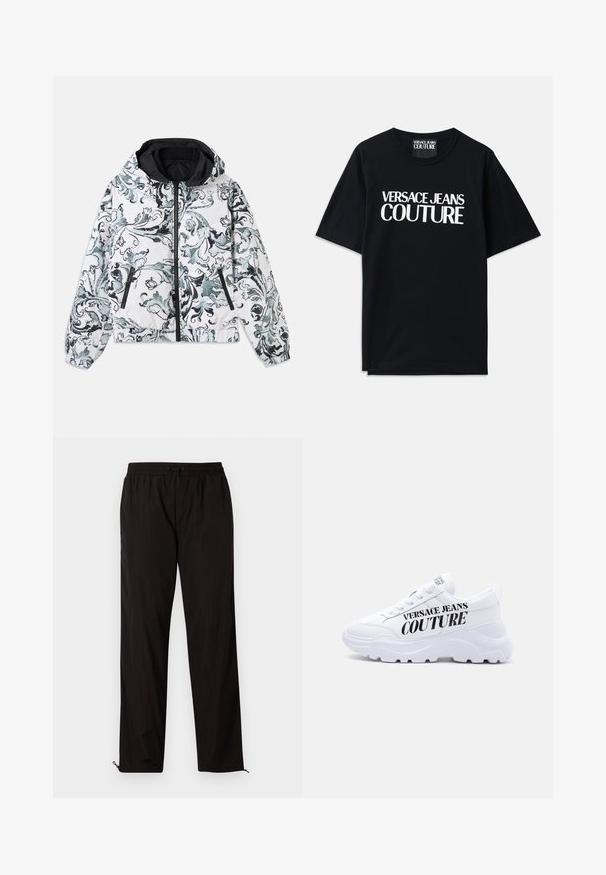 Hættejakke i hvid med sort og grå blomstret barok mønster, lynlås foran, lynlåslommer på siden og elastiske manchetter og kant.; Sort bomulds t-shirt med korte ærmer, der har stor hvid tekst "VERSACE JEANS COUTURE" på forsiden. Klassisk crew neck design.; Sorte letvægtsbukser med elastisk talje, snørrelseslukning og lynlåse i kanten for justerbar pasform. Glat, elegant tekstur.; Hvid chunky sneaker med tyk sål, snøredesign og "Versace Jeans Couture" trykt med fede sorte bogstaver på siden.