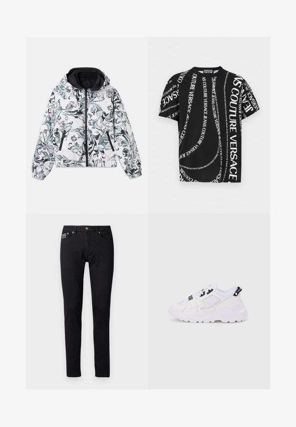 Hættejakke i hvid med sort og grå blomstret barok mønster, lynlås foran, lynlåslommer på siden og elastiske manchetter og kant.; Sort T-shirt med korte ærmer og hvidt "VERSACE JEANS COUTURE"-tekst trykt gentagne gange i forskellige retninger og størrelser.; Sorte denim jeans med slim fit, udstyret med guldfarvet metalhardware, fem lommer og et lille brandlabel på højre lomme.; Hvide atletiksneakers med en chunky sål, mesh og syntetisk overdel, sorte accentdetaljer og snørebånd. Tekstureret design og logo på hælen.