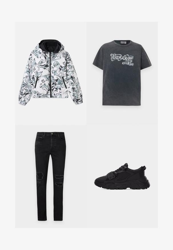 Hættejakke i hvid med sort og grå blomstret barok mønster, lynlås foran, lynlåslommer på siden og elastiske manchetter og kant.; Mørkegrå T-shirt med korte ærmer, hvidt stiliseret "Versace Jeans Couture"-tryk på brystet og rund hals.; Sorte denimjeans i slim fit med slidte revner ved knæene, tonale syninger og klassisk knap- og lynlåslukning.; Sort chunky sneaker med mesh- og læderpaneler, tyk tekstureret sål, snørelukning foran og en strop med metalnitter over snørebåndene.
