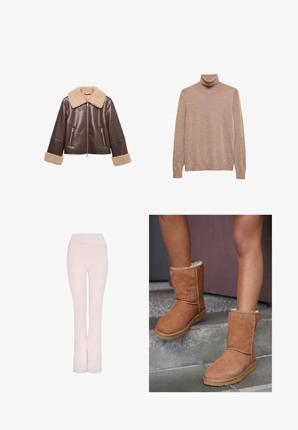 Braune Lederjacke mit einem beigen Lammfellkragen und -manschetten. Verfügt über Reißverschlusstaschen und einen Frontreißverschluss, der eine verkürzte Silhouette bietet.; Beige Rollkragenpullover aus weichem Stoff, mit langen Ärmeln und einer taillierten Passform, ausgestattet mit einem gerippten Kragen und Saum.; Helle rosa, ausgestellte Hosen mit einem breiten Bund und glatter Textur. Sie verfügen über ein klares, schlankes Design ohne zusätzliche Verzierungen.; Braune Wildleder-Stiefeletten mit runder Spitze, weicher Innenausstattung und Gummisohle, die über sichtbare Nähte entlang der Nähte verfügen.