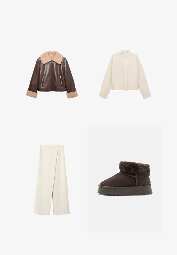 Brun læderjakke med en beige pelskrave og manchetter. Har lynlåslommer og en frontlynlås, som giver en cropped silhuet.; Cremefarvet pullover trøje lavet af blødt stof, med høj hals, sænket skuldre og en cropped design med ribbede kanter.; Kremfarvede bukser med vide ben, høj talje og et fremad overlapningspanel.; Brune ruskind ankelstøvle med kunstig pelskrave, rund tå og tekstureret gummisål. Har enkel søm og et lavprofil design.