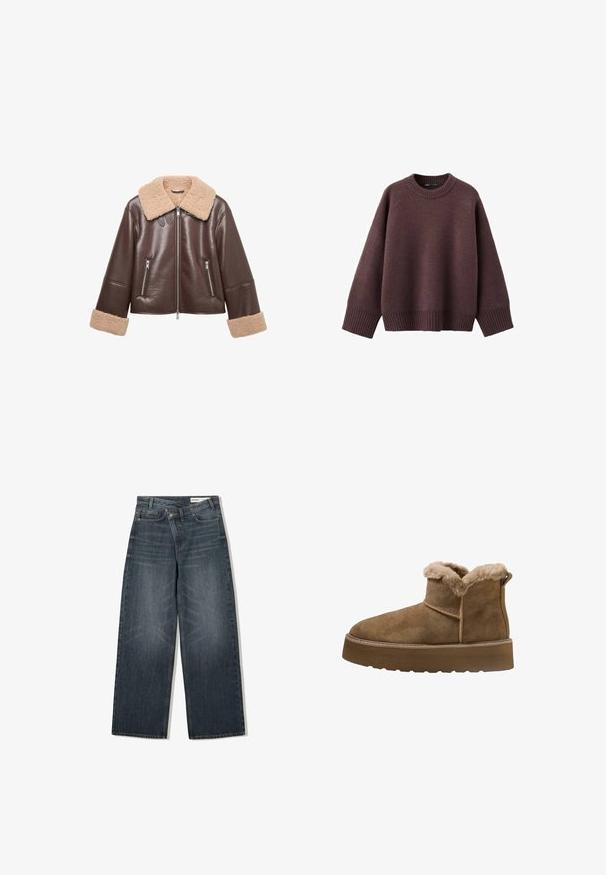 Brun læderjakke med en beige pelskrave og manchetter. Har lynlåslommer og en frontlynlås, som giver en cropped silhuet.; Løs pasform sweater i mørk bordeaux, lavet af blødt strikket stof. Har en ribstrikket rund hals, vide ærmer og en ribstrikket kant.; Mørk vaskede denim jeans med en bred benudskæring, der har høj talje, fem lommer og diskrete slidser på forsiden.; Brune ruskinds ankelstøvler med faux pelsfor, rund tå og en tykk platformsål; har en syet søm og en trækflap bagpå.