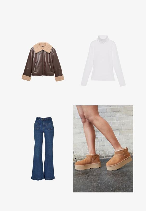 Bruine leren jas met een beige schapenvacht kraag en manchetten. Beschikt over ritszakken en een ritsluiting aan de voorkant, wat een cropped silhouet biedt.; Witte lange mouw turtleneck top gemaakt van glad, elastisch materiaal. Voorzien van een hoge kraag en een getailleerd ontwerp, zonder zichtbare patronen of versieringen.; Blauwe denim jeans met een hoge taille, brede wijde pijpen, voorvakken met inzetstukken, riemlussen en een knoopsluiting.; Bruine suède enkelboots met een zachte voering, dikke beige plateauzool en een achterste lus. Getextureerde oppervlakte met zichtbare stiksels.