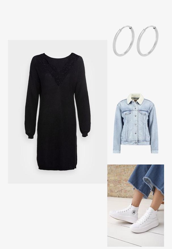 Lys blå denimjakke med krave i faux shearling, knaplukning foran, to brystlommer og en let cropped pasform. Klassisk design.; Sort striktrøje kjole med lange ærmer, V-hals og blonderdetaljer ved udskæringen. Ribbet tekstur med sideslids ved kanten.; Person iført hvide høje Converse-sneakers med tykke såler og beskårne blå jeans med flossede kanter mod en murstensvæg og hvidt gulv.; Sølv hoops øreringe, cirkulær form, glat skinnende tekstur og ensartet bredde hele vejen igennem. Minimalistisk design uden yderligere accenter.