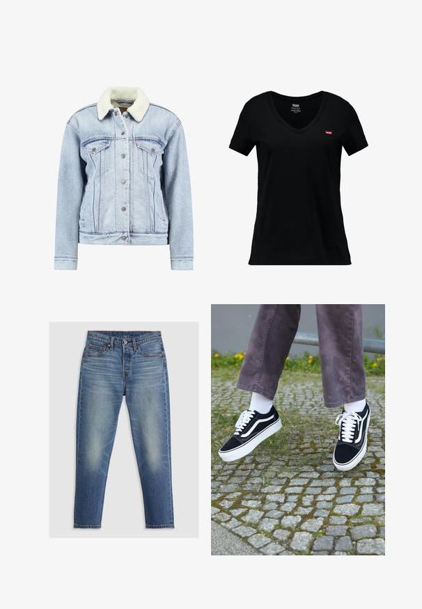 Lys blå denimjakke med krave i faux shearling, knaplukning foran, to brystlommer og en let cropped pasform. Klassisk design.; Sort bomulds V-hals t-shirt med korte ærmer, der har et lille rødt Levi's logo på venstre brystområde og en glat tekstur.; Lyseblå denim jeans med lige pasform, fem lommer, knaplukning og diskret falming på lårene. Kontraststing er synlige.; Sorte ruskinds sneakers med hvide accenter, med rund tå, tyk hvid sål og klassisk snørebåndsdesign, båret med hvide sokker og lilla bukser.
