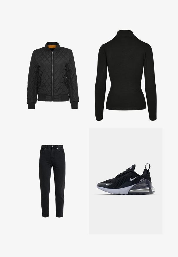 Sort quiltet jakke med lynlås foran, ribbede manchetter og krave. Har en kontrastfarvet gul indvendig foret. Glat tekstur, diamantmønster.; Sort turtleneck sweater lavet af blødt stof, med lange ærmer, ribbet hals og en tætsiddende design med minimal detaljer.; High-waist sort denim jeans med forreste knap og lynlås, to forlommer og en tilspidset ben foran på en hvid baggrund.; Sort atletiske sneakers med en mesh-overdel, der har et hvidt swoosh-logo, synlig Air-enhed og en tekstureret ydersål. Detaljer inkluderer en bageste trækstrop.