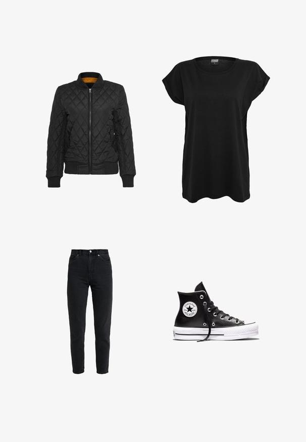 Schwarze gesteppte Jacke mit Reißverschluss auf der Vorderseite, gerippten Bündchen und Kragen. Mit einem kontrastierenden gelben Innenfutter. Glatte Textur, Rautenmuster.; Schwarzes Baumwoll-T-Shirt mit kurzen Ärmeln, rundem Halsausschnitt und lockerer Passform. Mit einem Etikett am Kragen. Glatte Oberfläche und einfaches Design.; Schwarze Jeans mit hoher Taille, vorderem Knopf und Reißverschluss, zwei vorderen Taschen und einem verjüngten Bein auf weißem Hintergrund.; Schwarzer Converse Chuck Taylor All Star High-Top-Sneaker mit weißer Gummisohle und Logo-Aufnäher am Knöchel, dargestellt vor weißem Hintergrund.