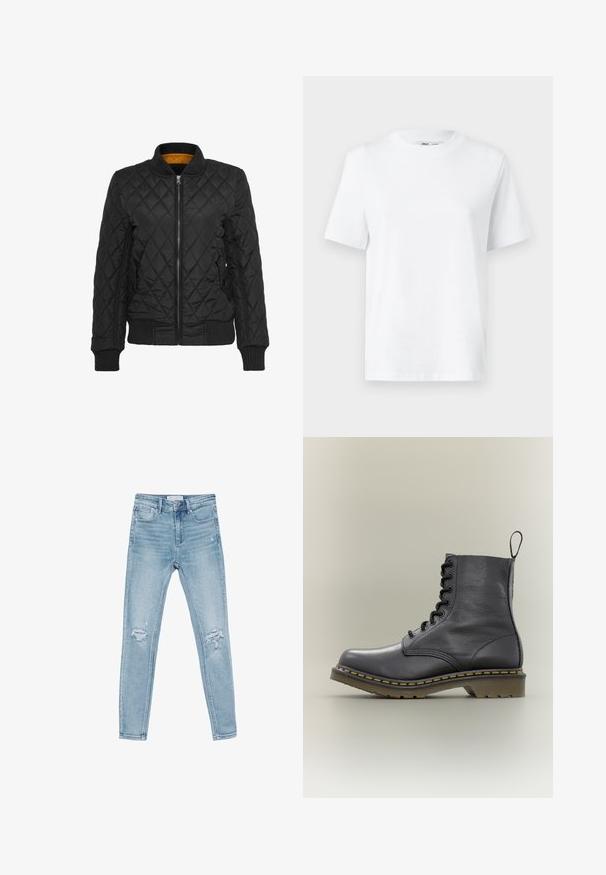 Sort quiltet jakke med lynlås foran, ribbede manchetter og krave. Har en kontrastfarvet gul indvendig foret. Glat tekstur, diamantmønster.; Hvid bomulds T-shirt med rund hals, kortærmet og en glat tekstur. Designet med en afslappet pasform for komfort og alsidighed.; Lysblå denim skinny jeans med høj talje, der har slidte knædetaljer og et klassisk fem-lomme design.; Sort læderkampstøvle med 8 snørehuller, gummisål, gul syning og en træksløjfe bagpå. Har en struktureret overdel.