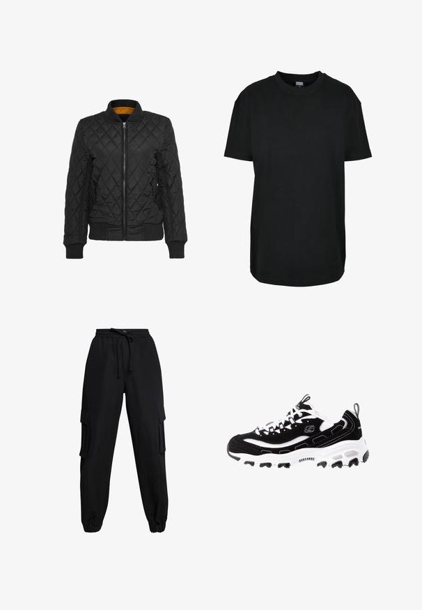 Sort quiltet jakke med lynlås foran, ribbede manchetter og krave. Har en kontrastfarvet gul indvendig foret. Glat tekstur, diamantmønster.; Sort kortærmet T-shirt med rund hals i størrelse XS med "Urban Classics" mærke inde i kraven.; Sorte cargo-bukser lavet af letvægtsstof, med elastisk talje, snøre og sidelommer. Manchetter ved anklerne fuldender designet.; Sort og hvid atletisk sko med overdel i ruskind, polstret krave og let sål. Har fremtrædende logo og kontrasterende syninger.