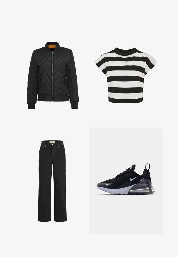 Sort quiltet jakke med lynlås foran, ribbede manchetter og krave. Har en kontrastfarvet gul indvendig foret. Glat tekstur, diamantmønster.; Sort og hvid stribet crop top med rund halsudskæring og korte, capærmer; lavet af blødt bomuldsstof.; Sorte jeans med høj talje og lige ben, med frontknap og lynlås, bæltestropper og fem-lomme design.; Sort atletiske sneakers med en mesh-overdel, der har et hvidt swoosh-logo, synlig Air-enhed og en tekstureret ydersål. Detaljer inkluderer en bageste trækstrop.