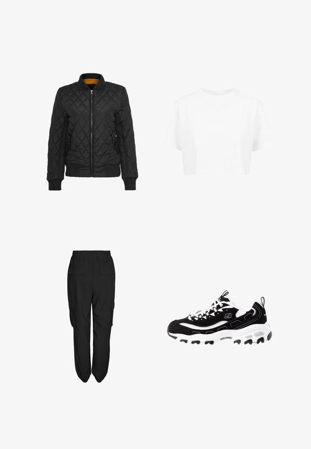 Chaqueta negra acolchada con cremallera frontal, puños acanalados y cuello. Presenta un forro interior amarillo en contraste. Textura suave, patrón de diamante.; Camiseta blanca corta, de mangas cortas, con cuello redondo, hecha de una tela suave, sin patrones visibles ni herrajes distintivos.; Pantalones cargo negros de corte relajado, con goma en la cintura, dos bolsillos laterales y dos bolsillos traseros. Tejido ligero, textura suave.; Zapatilla deportiva en blanco y negro con parte superior de ante, cuello acolchado y suela ligera. Presenta un logotipo prominente y detalles de costura en contraste.