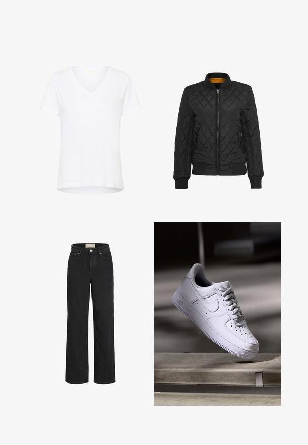 Veste matelassée noire avec devant zippé, poignets et col côtelés. Présente une doublure intérieure contrastante jaune. Texture lisse, motif en losange.; T-shirt blanc à manches courtes avec un col en V, en tissu doux, doté d'une coupe décontractée et d'un ourlet droit avec des détails de couture minimaux.; Jean noir taille haute, coupe droite, avec bouton et fermeture éclair devant, passants de ceinture et design à cinq poches.; Baskets Nike Air Force 1 blanches lévitant au-dessus d'une surface en béton avec des ombres dans un cadre minimaliste.