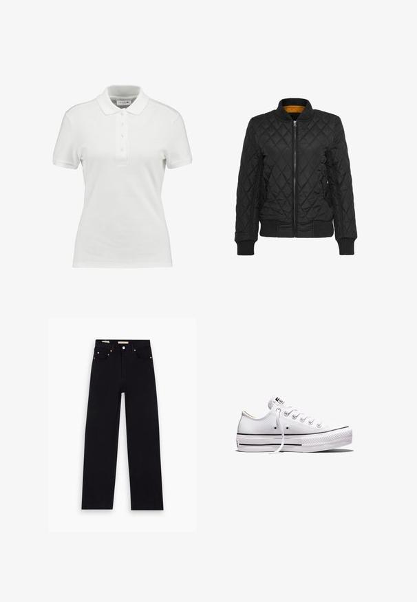 Schwarze gesteppte Jacke mit Reißverschluss auf der Vorderseite, gerippten Bündchen und Kragen. Mit einem kontrastierenden gelben Innenfutter. Glatte Textur, Rautenmuster.; Weißes Poloshirt aus strukturiertem Baumwollstoff, mit klassischem Kragen, drei Knöpfen an der Knopfleiste und kleinem Lacoste-Logo auf der Brust.; Schwarze Denim-Jeans mit geradem Schnitt, fünf Taschen, Kupferbeschlägen und einer glatten Textur. Zwei Etiketten sind am Bund sichtbar.; Weißer Sneaker aus Segeltuch mit niedrigem Schnitt, weißen Schnürsenkeln, Gummisohle, schwarzen Streifendetails und Logopatch auf der Zunge und Ferse.