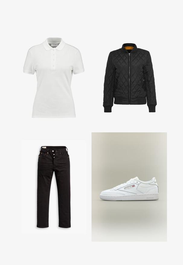 Sort quiltet jakke med lynlås foran, ribbede manchetter og krave. Har en kontrastfarvet gul indvendig foret. Glat tekstur, diamantmønster.; Hvid polo-shirt lavet af tekstureret bomuld, med en klassisk krave, tre-knaps placket og et lille Lacoste-logo på brystet.; Sorte lige jeans med knaplukning, front- og baglommer samt kobbernitte detaljer på en hvid baggrund.; Hvid Reebok low-top sneaker med syningsdetaljer, perforeringer nær tæerne og Reebok-logo med et lille Union Jack på siden.