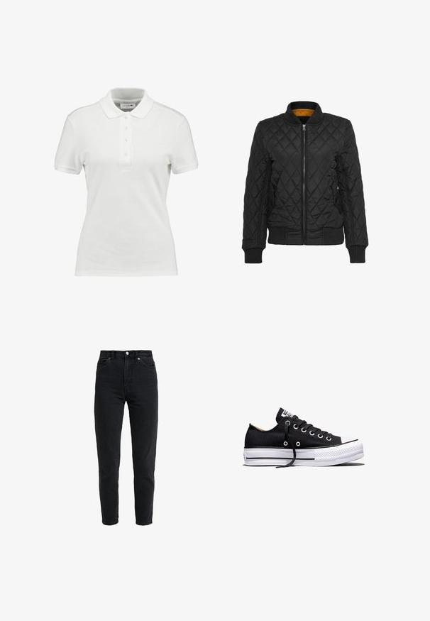 Schwarze gesteppte Jacke mit Reißverschluss auf der Vorderseite, gerippten Bündchen und Kragen. Mit einem kontrastierenden gelben Innenfutter. Glatte Textur, Rautenmuster.; Weißes Poloshirt aus strukturiertem Baumwollstoff, mit klassischem Kragen, drei Knöpfen an der Knopfleiste und kleinem Lacoste-Logo auf der Brust.; Schwarze Jeans mit hoher Taille, vorderem Knopf und Reißverschluss, zwei vorderen Taschen und einem verjüngten Bein auf weißem Hintergrund.; Schwarzer Canvas-Sneaker in Low-Top-Form mit weißer Gummisohle auf Plateau, schwarzen Schnürsenkeln und Metallösen vor weißem Hintergrund.
