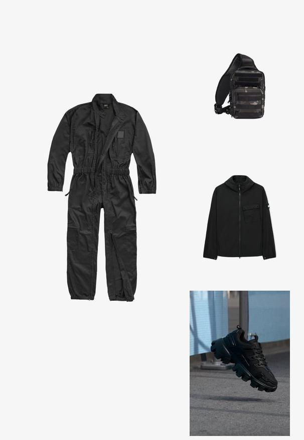 Sort lynlåstrøje med høj krave, klaplommer med knapper på brystet, elastiske manchetter og logo-patch på venstre ærme.; Brandit BRANDIT HERREN EINSATZKOMBI - Buksedragter - black; Sort chunky sneaker med tyk slidbane sål, der svæver over en grå fortov mod en sløret lyseblå og grå baggrund.; Kompakt sort og gråt kamouflagemønster taktisk skuldertaske med flere lynlåslommer og justerbar polstret skulderrem.