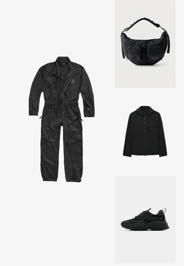 Zwart jack met ritssluiting en hoge kraag, borstzak met klep en knopen, elastische manchetten en logo patch op de linker mouw.; Brandit BRANDIT HERREN EINSATZKOMBI - Jumpsuit - black; Zwarte sportieve sneakers met een chunky zool, mesh panelen en rubberen accenten. Voorzien van een trekband aan de hak en gestructureerde patronen.; Zwarte schoudertas in halve maanvorm met gevoerde verstelbare riem en twee voorvakken met rits en trekbandjes.