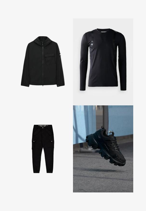 Sort lynlåstrøje med høj krave, klaplommer med knapper på brystet, elastiske manchetter og logo-patch på venstre ærme.; Sort langærmet træningsskjorte lavet af glat, strækbart stof. Har glansfulde sorte detaljer på skuldrene og et Adidas-logo på brystet.; Sorte cargo bukser lavet af bomuld, med flere lommer, en tætsiddende design og elastiske manchetter ved anklerne.; Sort chunky sneaker med tyk slidbane sål, der svæver over en grå fortov mod en sløret lyseblå og grå baggrund.