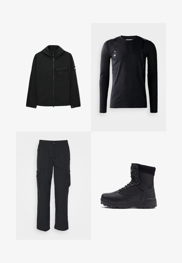 Schwarze Reißverschlussjacke mit hohem Kragen, Klappentasche auf der Brust mit Knöpfen, elastischen Bündchen und Logo-Patch am linken Ärmel.; Schwarzes, langärmliges Sportshirt aus glattem, dehnbarem Stoff. Verfügt über glänzende schwarze Akzente an den Schultern und ein Adidas-Logo auf der Brust.; Schwarze Cargo-Hosen aus gewebtem Stoff. Mit verstellbarem Bund, Seitentaschen und zwei Utility-Taschen mit Reißverschlüssen.; Schwarzer taktischer Stiefel mit einem glatten Lederoberteil und Stoffpaneelen, hoher Knöchelgestaltung, schnürbarem vorderen Teil und robustem Gummisohle.