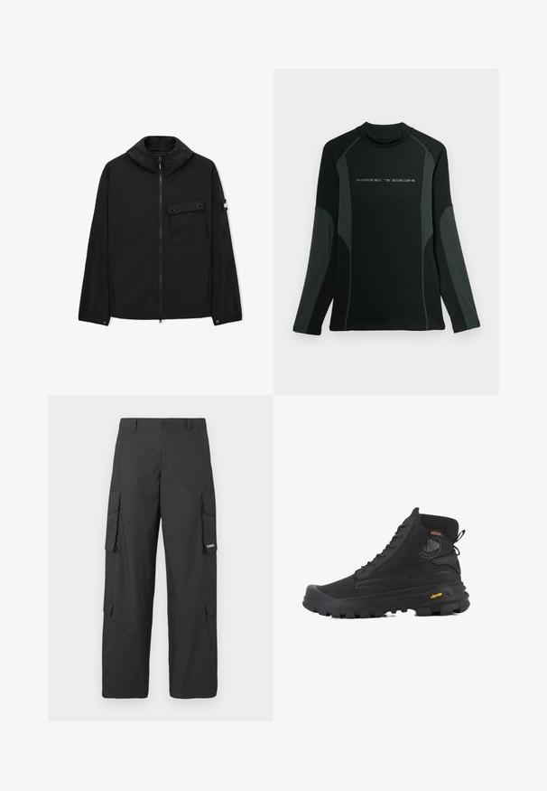 Chaqueta negra con cremallera, cuello alto, bolsillo en el pecho con solapa y botones, puños elásticos y parche con logo en la manga izquierda.; Camisa negra de manga larga con cuello alto, hecha de una tela texturizada. Presenta paneles laterales grises y el logo "NIKE TECH" en el pecho.; Pantalones cargo rectos negros con bolsillos laterales con solapa, cierre de botón, trabillas para cinturón y pequeño logo blanco en la solapa del bolsillo derecho.; Botas altas negras con superficie texturizada, que cuentan con un diseño impermeable, sistema de cordones y una suela de goma prominente con la marca Vibram.