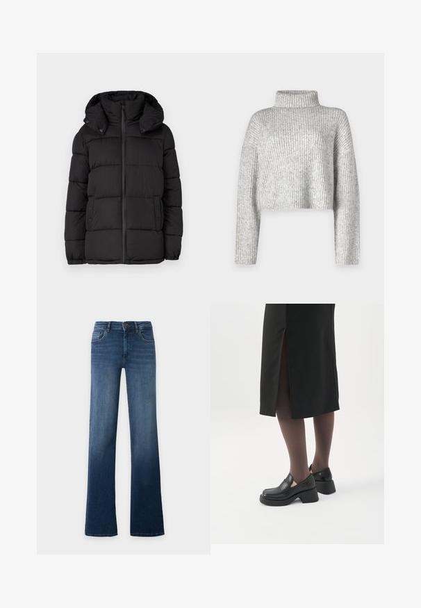 Schwarze Pufferjacke mit Kapuze, ausgestattet mit horizontal gesteppten Paneelen, einem Frontreißverschluss und Druckknopfdetails an den Seiten.; Grauer, verkürzter Pullover aus geripptem Strickmaterial, mit hohem Kragen und langen Ärmeln, einem weichen Textur und subtilen Farbvariationen.; Blaue High-Waist-Jeans mit geradem Bein, Knopf- und Reißverschluss, Vorder- und Gesäßtaschen, auf schlichtem, hellem Hintergrund dargestellt.; Frau trägt schwarze Loafers mit klobigem Absatz, schwarze transparente Strumpfhosen und einen schwarzen Rock mit Schlitz hinten vor weißem Hintergrund.