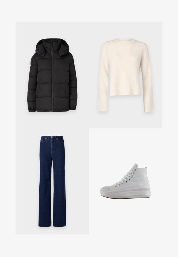 Sort oppustelig jakke med hætte, der har horisontale quiltede paneler, en frontlynlås og trykknapdetaljer på siderne.; JDY Knitted JDYINGEBORG Knitted - Striktrøje - pumice stone; Mørkeblå denim jeans med høj talje, bred benudskæring og klassisk fem-pocket design. Afsluttet med kontrastsyning og en metalknap.; Hvid højt canvas sneaksko med hvide snørebånd, metaløjer, tyk gummisål og tekstureret tåhætte, vendt mod venstre på en hvid baggrund.