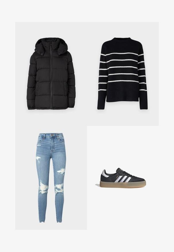 Chaqueta acolchada negra con capucha, con paneles acolchados horizontales, cierre frontal de cremallera y detalles de botones a presión en los laterales.; Vero Moda Tall VMFLAWLESS - Jersey de punto - black/birch; Jeans ajustados de tiro alto en denim de color azul claro con detalles rasgados en las rodillas y bordes deshilachados, que cuentan con cinco bolsillos y cierre de botón.; Zapatilla deportiva de cuero negro con tres rayas plateadas, punta texturizada y suela de goma. Cuenta con un collar acolchado y un diseño con cordones.