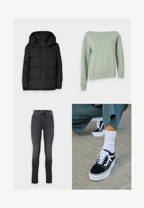 Zwarte pufferjas met capuchon, voorzien van horizontaal doorgestikte panelen, een rits aan de voorkant en drukknopaccenten aan de zijkanten.; Lichtgroene, off-the-shoulder sweatshirt. Gemaakt van zacht materiaal, het heeft lange mouwen en een ribgebreide zoom voor een ontspannen pasvorm. Geen patronen of accenten.; Hoge taille skinny jeans in donkergrijs denim, met een gladde textuur, voorzien van voorzakken en een metalen knoopsluiting bij de tailleband.; Zwarte suède sneaker met witte accenten en veters, uitgerust met een dikke witte zool en contrasterende stiksels, gecombineerd met een witte sok.