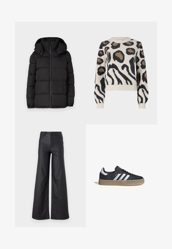 Chaqueta acolchada negra con capucha, con paneles acolchados horizontales, cierre frontal de cremallera y detalles de botones a presión en los laterales.; JDY LORRAINE - Jersey de punto - cement; Pantalones de pierna ancha en material de cuero sintético. Presentan una cintura alta, trabillas para cinturón, dos bolsillos delanteros y detalles de costura.; Zapatilla deportiva de cuero negro con tres rayas plateadas, punta texturizada y suela de goma. Cuenta con un collar acolchado y un diseño con cordones.