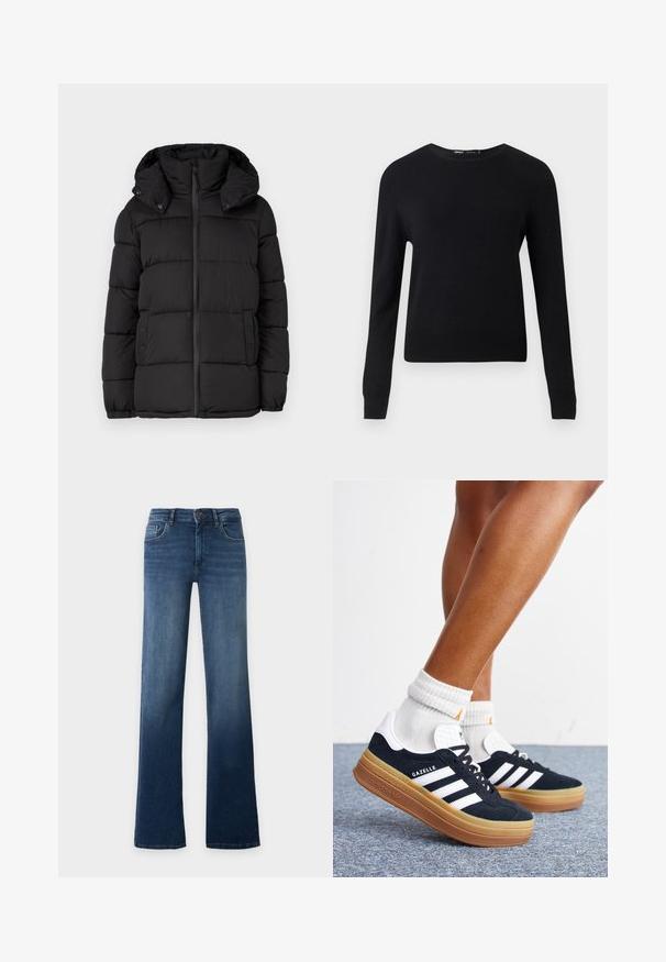 Schwarze Pufferjacke mit Kapuze, ausgestattet mit horizontal gesteppten Paneelen, einem Frontreißverschluss und Druckknopfdetails an den Seiten.; Schwarzer Pullover mit langen Ärmeln und Rundhalsausschnitt, mit gerippten Bündchen und Saum, vor einem schlichten hellgrauen Hintergrund dargestellt.; Blaue High-Waist-Jeans mit geradem Bein, Knopf- und Reißverschluss, Vorder- und Gesäßtaschen, auf schlichtem, hellem Hintergrund dargestellt.; Beine mit weißen Socken und schwarzen Adidas Gazelle Sneakers mit weißen Streifen und dicken braunen Sohlen auf einem grauen Teppichboden.