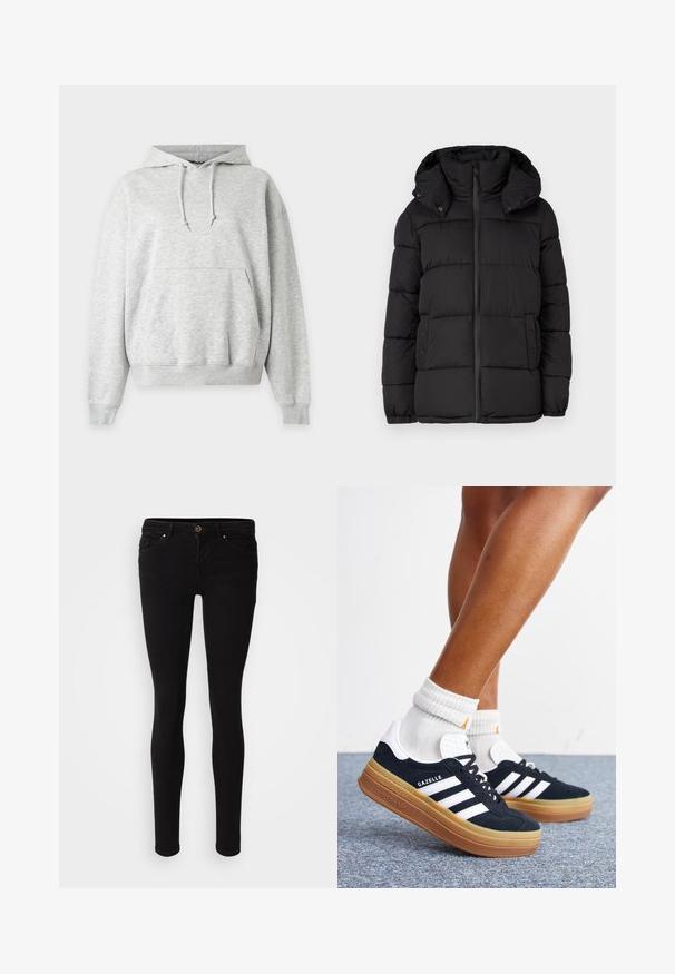 Veste puffer noire avec capuche, présentant des panneaux matelassés horizontaux, une fermeture éclair à l'avant et des accents à boutons-pression sur les côtés.; Sweat à capuche gris clair avec poche kangourou, capuche à cordon réglable et poignets et ourlet côtelés.; ONLY ONLCORAL LIFE POWER - Jeans Skinny - black denim; Jambes portant des chaussettes blanches et des baskets Adidas Gazelle noires avec des bandes blanches et des semelles épaisses marron sur un sol recouvert de moquette grise.
