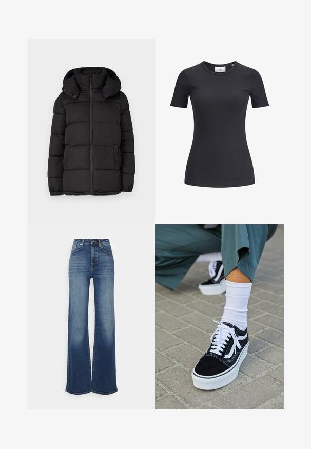 Schwarze Pufferjacke mit Kapuze, ausgestattet mit horizontal gesteppten Paneelen, einem Frontreißverschluss und Druckknopfdetails an den Seiten.; Schwarzes, geripptes T-Shirt mit kurzen Ärmeln und Rundhalsausschnitt. Hergestellt aus einem weichen, dehnbaren Stoff, der eine subtile Textur und eine taillierte Silhouette aufweist.; Weite Jeans in mittelblauem Denim. Hoch geschnitten mit glatter Oberfläche, verblasstem Vorderteil und subtilen Stickdetails. Mit einem Knopf am Bund geschlossen.; Schwarze Wildledersneaker mit weißen Akzenten und Schnürsenkeln, ausgestattet mit einer dicken weißen Sohle und kontrastierenden Nähten, kombiniert mit einer weißen Socke.