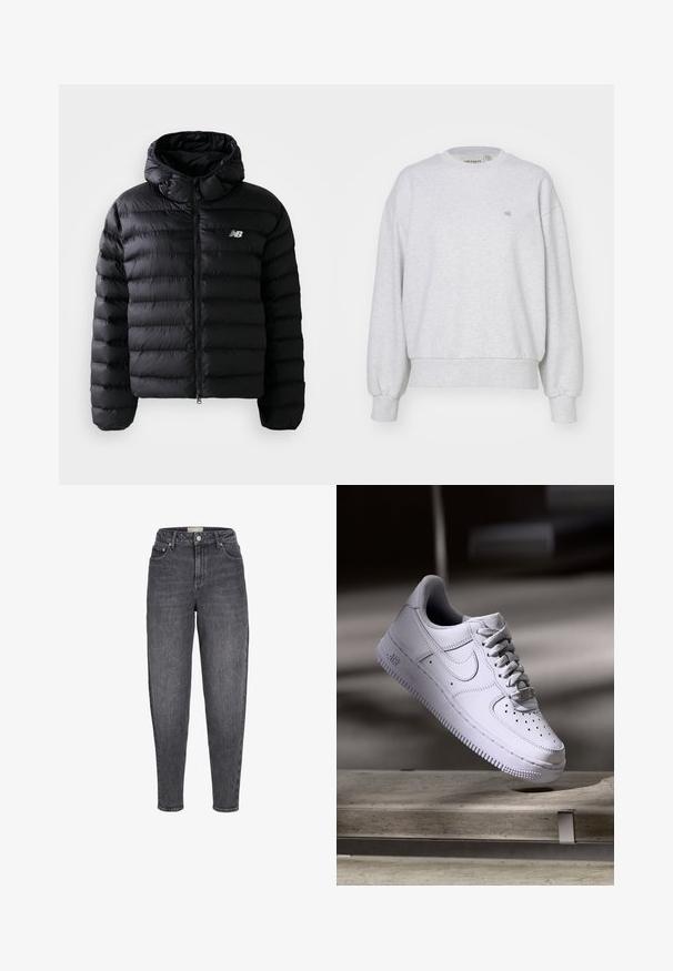Čierna zateplená bunda s kapucňou, s prešívaným povrchom, so zipsom a reflexným logom. Hladký, ľahký materiál.; Carhartt WIP CASEY - Mikina - ash heather/silver; Čierne vysoký pás umývané džínsové nohavice s prednými vreckami, pútkami na opasok a zapínaním na gombík.; Biele tenisky Nike Air Force 1 vznášajúce sa nad betónovým povrchom so tieňmi v minimalistickom prostredí.
