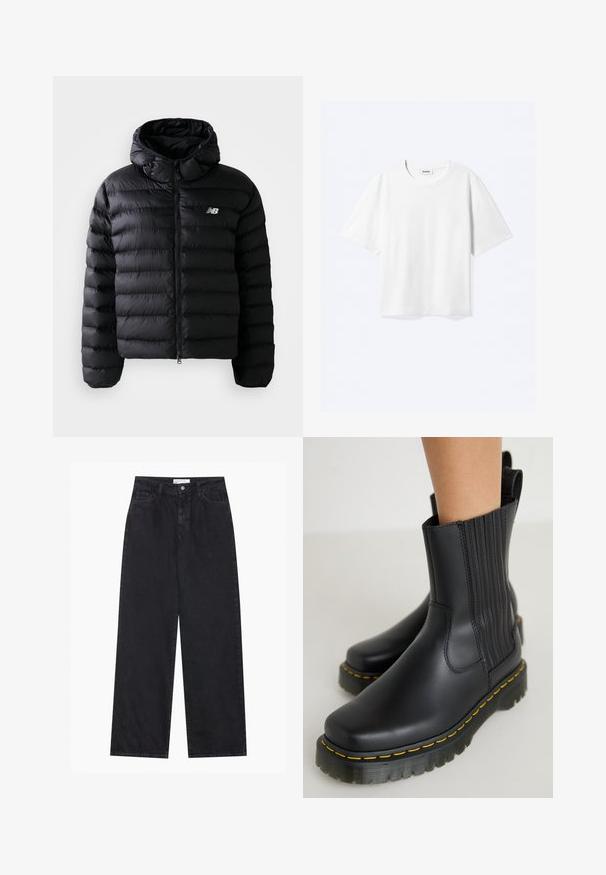 Must must tunk jacket, mille varrukatega, koos quiltitud tekstuuriga, tõmbluku sulgemise ja peegeldava logoga. Sujuv, kerge materjal.; Valge lühikeste varrukatega T-särk ümmarguse kaelusega ja sirge äärega, kaeluses sees kaubamärgiga "WEEKDAY" silt.; Mustad kõrgvööga laiad denimist teksad, millel on eesne nupp ja lukukinnis, vööaasad ning viis taskut.; Mustad must saad motifselt, mati viimistlusega. Omab vertikaalset õmblust, paksu tallaga, millel on kollased õmblused, ja tagumises osas tõmbeaas.