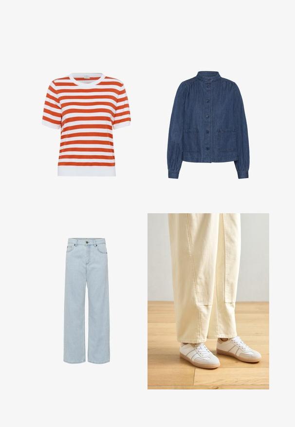 Veste en denim bleu foncé avec col montant, boutonnage sur le devant, manches longues bouffantes et deux poches plaquées à l'avant.; T-shirt tricot à manches courtes rayé en orange et blanc ; col rond ; texture douce ; coupe droite ; finition avec un ourlet côtelé blanc uni.; Jean bleu clair taille haute jambe droite avec bouton avant, fermeture éclair et poches latérales sur fond blanc.; Baskets blanches avec un mélange de textures lisses et en daim, avec des accents beiges et une semelle en caoutchouc, associées à un pantalon large de couleur claire.