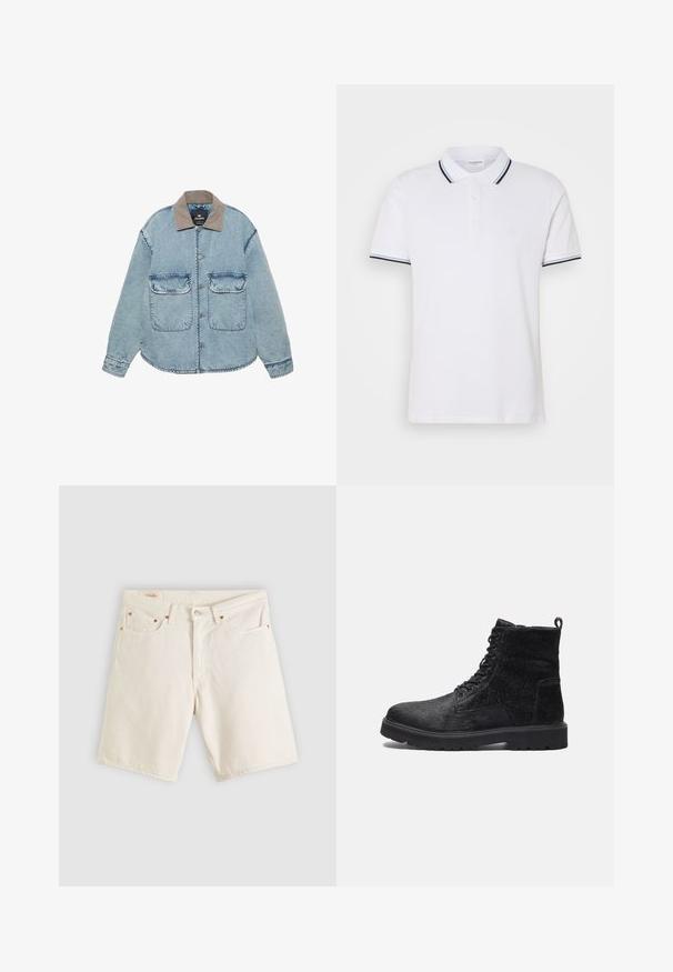 Lichtblauwe spijkerjas met een bruine kraag, knoopsluiting en twee grote klepzakken aan de voorkant.; Witte poloshirt van katoen met een kraag, drieknoopsluiting en marineblauwe en witte gestreepte accenten op de mouwen.; Witte denim shorts met knoop en rits aan de voorkant, vijf zakken en koperen klinknageldetails, plat gelegd op een lichte achtergrond.; Zwarte enkelboots met een gestructureerde bovenkant, voorzien van vetersluiting aan de voorkant, een stevige rubberen zool en een trekhaak aan de achterkant voor gemakkelijk aantrekken.