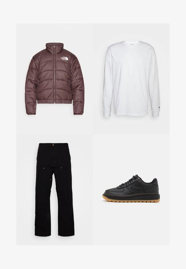 The North Face Winterjas - coal brown; Witte lange mouwen T-shirt van katoen. Ronde hals ontwerp met ribgebreide manchetten en een klein logo op de linkermouw. Gladde textuur.; Zwarte denim broek met een recht-pijp ontwerp, voorzien van gouden hardware accenten en zichtbare stiksels op de voor- en achterzakken.; Zwarte leren sneaker met textuur, ronde neus, geperforeerde details en een gumrubberen zool. Heeft contrasterende gele stiksels en logo.
