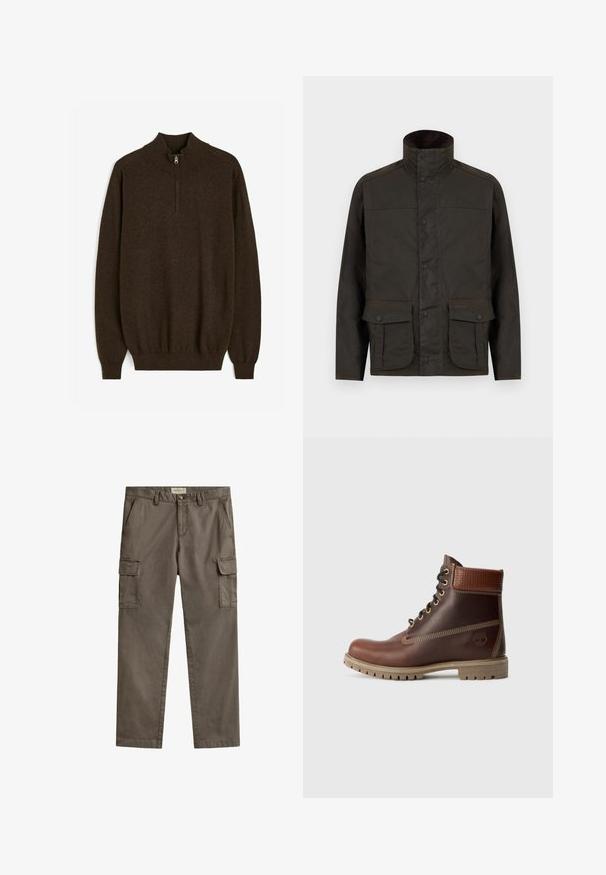 Veste en coton ciré marron foncé avec col montant, fermeture à boutons pression et deux grandes poches à rabat boutonnées sur les hanches.; Pull en laine marron avec un col montant, fermeture zippée mi-longue et des poignets et un ourlet côtelés. Présente une texture tricotée lisse.; Pantalon cargo marron avec poches latérales à rabat, passants de ceinture, fermeture à bouton et poches en biais sur le devant, posé à plat sur un fond blanc.; Bottine en cuir marron à lacets, avec un col rembourré, des coutures contrastées et une semelle robuste, vue de l'extérieur sur un fond blanc.