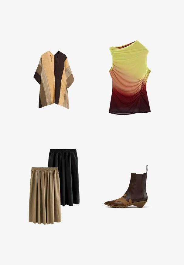 Veste style kimono ouverte à l'avant avec larges manches en panneaux verticaux de tissu tissé beige, marron et fauve.; Haut sans manches avec encolure asymétrique, côtés froncés et dégradé de couleurs allant du jaune au bordeaux.; Deux jupes longueur genou : une noire et une kaki. Les deux présentent une taille élastique et un design fluide avec un tissu doux et texturé.; Botte en cuir marron montant à la cheville avec un panneau avant décoratif couleur tabac, bout pointu, panneaux latéraux élastiques, languette et talon bas incliné.