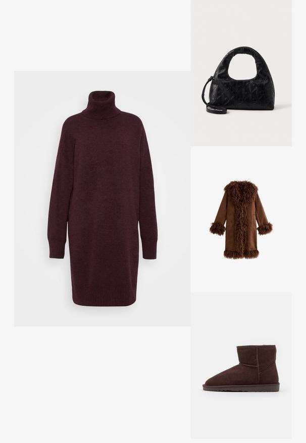 Bruine nep bontjas met een fluffy kraag en manchetten, voorzien van een glad, effen stoffen lichaam en zijzakken, ontworpen in een middellange stijl.; Bordeaux oversized coltrui, geribde manchetten en zoom, zachte textuur, halflang, zonder zichtbare patronen of hardware details.; Bruine suède enkellaarsjes met een ronde neus en zachte binnenvoering, voorzien van een platte rubberen zool en ton-sur-ton stikselaccenten.; Zwarte leren handtas met een gebogen bovenhandvat, subtiel diamantenpatroon en een afneembare schouderband. De textuur is glad met geperste details.