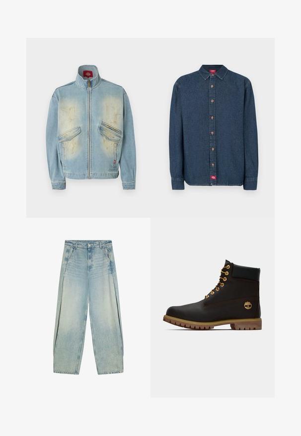 Lyseblå denimjakke med høj krave, lynlås foran, to klaplommer samt falmede og slidte pletter på bryst og manchetter.; Mørkeblå denimskjorte med knapper, spids krave, lange ærmer og kobberknapper. Har et lille rødt mærke på venstre side.; Lyseblå vide cowboybukser med forlommer, bæltestropper og knaplukning.; Sorte læder ankelstøvle med gyldne øjer, brune detaljer og gummisål. Har en polstret krave og præget logo på siden.