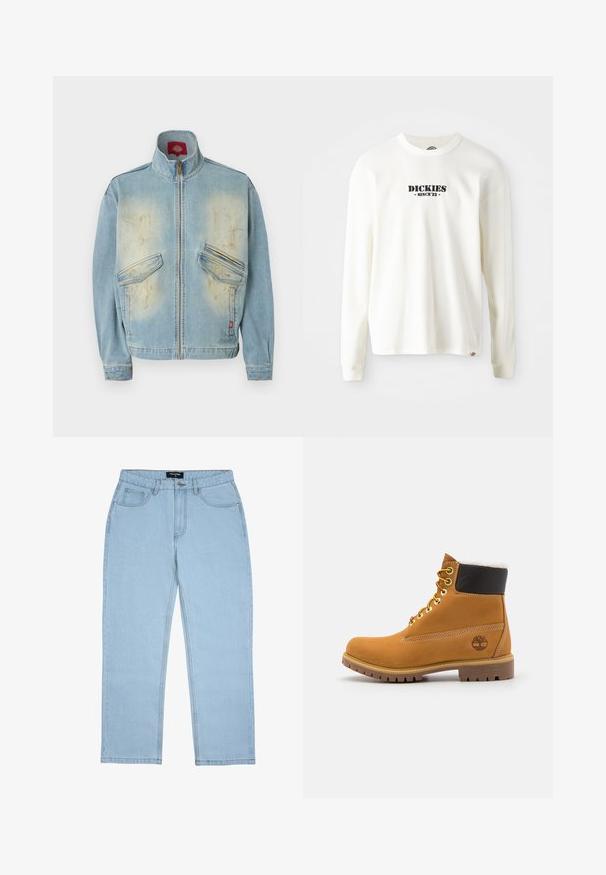 Lichtblauwe spijkerjas met hoge kraag, ritssluiting aan de voorkant, twee klepzakken en vervaagde, versleten plekken op de borst en manchetten.; Witte lange mouw geribbelde sweatshirt met een zwart logo "DICKIES" en "SINCE '22" eronder, ronde hals en manchetten.; Lichtblauwe jeans met rechte pijpen, voorzakken, riemlussen, knoopsluiting en zichtbare stikdetails.; Bruine leren enkellaars met metalen oogjes, witte faux bont voering, zwarte gewatteerde kraag, robuuste zool en een reliëflogo aan de zijkant.