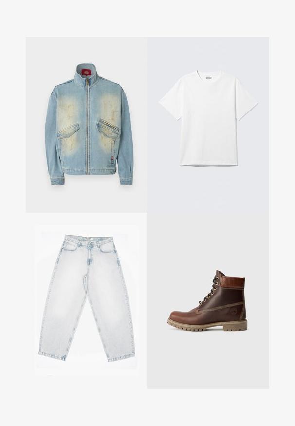 Lyseblå denimjakke med høj krave, lynlås foran, to klaplommer samt falmede og slidte pletter på bryst og manchetter.; Hvid kortærmet crewneck T-shirt lagt fladt ud, ensfarvet design, med "WEEKDAY" mærkat inde i kraven på en lys baggrund.; Lyseblå denimjeans med høj talje, lige brede ben, knap- og lynlåslukning samt lommer foran og bagpå.; Brun læder snørebånd ankelstøvle med polstret krave, kontrastsyning og robust sål, vist fra ydersiden på en hvid baggrund.