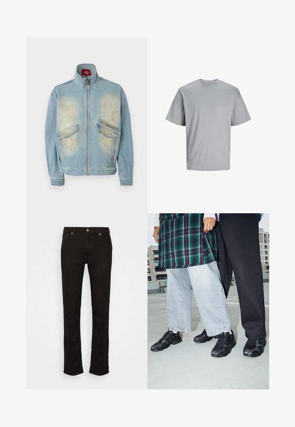Lyseblå denimjakke med høj krave, lynlås foran, to klaplommer samt falmede og slidte pletter på bryst og manchetter.; Lysegrå kortærmet t-shirt lavet af glat bomuldsstof, med rund hals og en afslappet pasform uden synlige mønstre eller logoer.; Sorte denim jeans med lige ben, der har et klassisk fem-lomme design, metal knaplukning og diskrete syninger.; Sorte atletik sko med mesh- og gummidetaljer. Båret med lysegrå vide jeans og en ternet grøn bluse. Flad overflade i baggrunden.