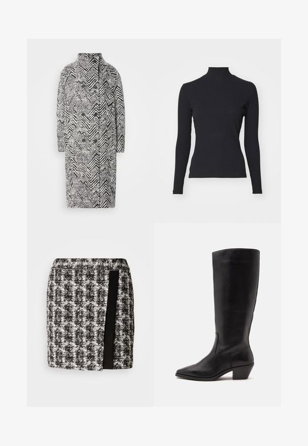 Sort og hvid frakkemodel med fiskebensmønster, høj krave, dobbeltradet front og to store sorte knapper. Struktureret design.; Sort ribbet turtle-sweater med lange ærmer. Lavet af strækbart stof med en tætsiddende pasform og høj krave. Enkel design uden udsmykninger.; Sort og hvid houndstooth nederdel med elastisk talje, der har et sort stofpanel på siden. Kortskaft, tekstureret stof.; Sort læderstøvle til midtkalv med spids tå og lavt skråt hæl på en enkel lys baggrund.