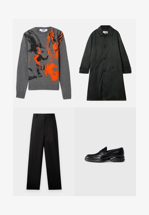 Sort frakke lavet af struktureret stof, med en bred krave, knaplukning og to sidelommer. Lang, lige snit med manchetter.; Grå strikket sweater med et kontrasterende orange og sort abstrakt design. Rund hals og ribbede manchetter og kant. Blød tekstur.; Sorte bukser lavet af bomuld med lige ben-design, der har en frontknaplukning og sidelommer. Glat tekstur, ingen mønstre.; Sorte læder loafers med en lav, tekstureret gummisål og et syet design på overdelen. Har en rund tå og minimale udsmykninger.