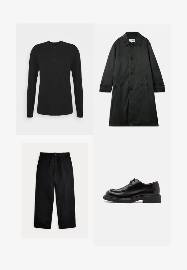 Abrigo negro de tejido texturizado, con cuello tipo solapa, cierre de botones y dos bolsillos laterales. Corte largo y recto con detalles en los puños.; Camisa negra de manga larga con cuello redondo, tapeta de tres botones y puños ajustados. Está hecha de una tela suave con una textura lisa.; Pantalones chinos negros con un diseño de pierna recta, que cuentan con cierre de botón, presillas para cinturón y textura de tela suave. Sin patrones o detalles visibles.; Zapato de cuero negro con punta redondeada, detalles de costura, cordones mínimos y suela de goma gruesa para tracción y durabilidad.