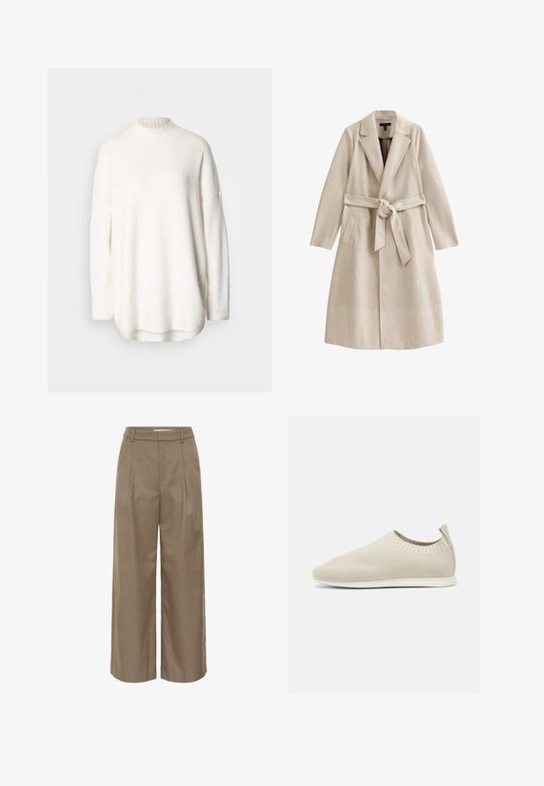 Beige uldblandingsfrakke med bælte i taljen, klapkraver og to frontlommer. Stoffet har en glat tekstur og en ustruktureret silhuet.; Hvid strikket sweater med ribstrikket høj hals, sænkede skuldre og sideslidser ved kanten. Fremstillet af blødt, struktureret stof.; Beige bukser med vide ben, bæltestropper, forreste folder og høj talje.; Beige strikket slip-on sko med lav profil, tekstureret overdel og fleksibel sål. Har et vævet design omkring anklene for komfort.